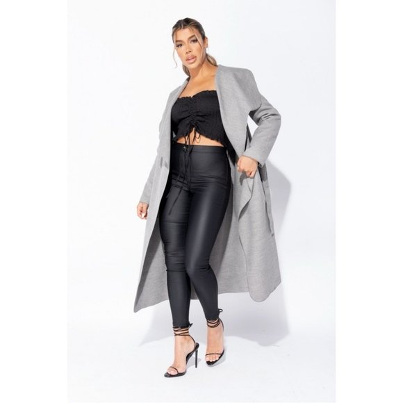 Gray Wool Blend Oversized Lapel Belted Long Maxi Waterfall Collar Coat - Picture 2 of 8